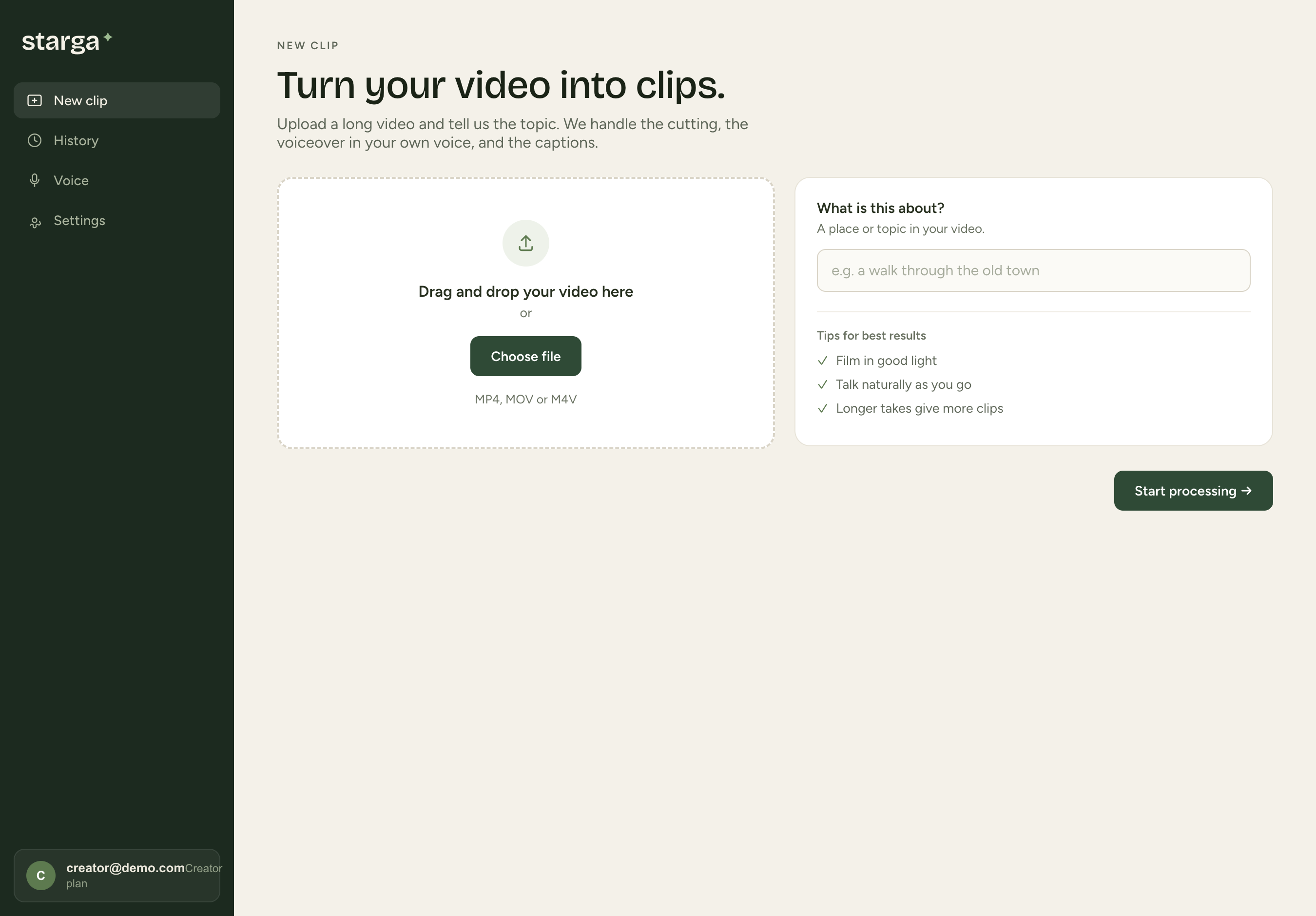 The Starga studio: dropping a video and choosing a topic to make clips