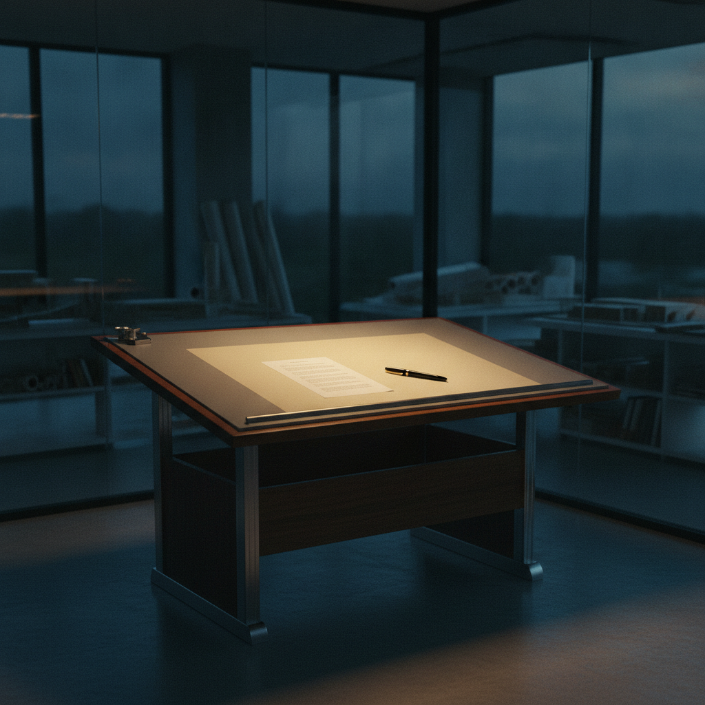 A transcript page and ink pen on a drafting table at blue hour