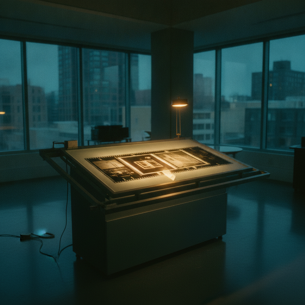 A film light table with selected frames glowing in a studio